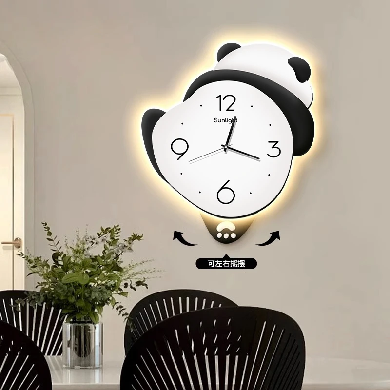 可爱熊猫钟表餐厅装饰画现代简约壁画创意时钟客厅时尚挂墙钟表