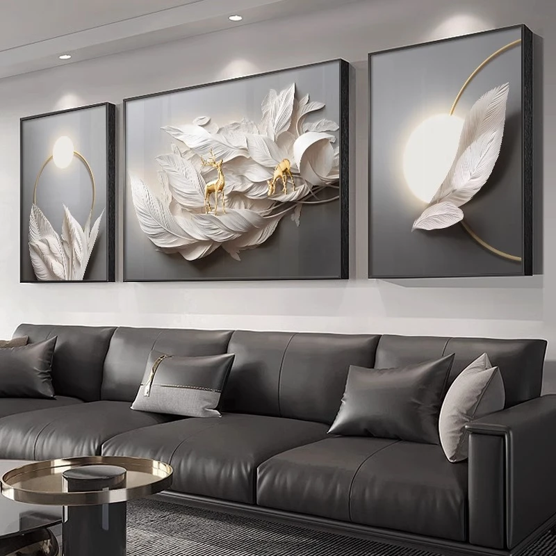 现代客厅装饰画轻奢简约沙发背景墙挂画抽象羽毛大气三联壁画