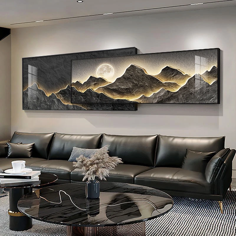 现代轻奢客厅装饰画简约设计大气山水叠加挂画背有靠山沙发墙画