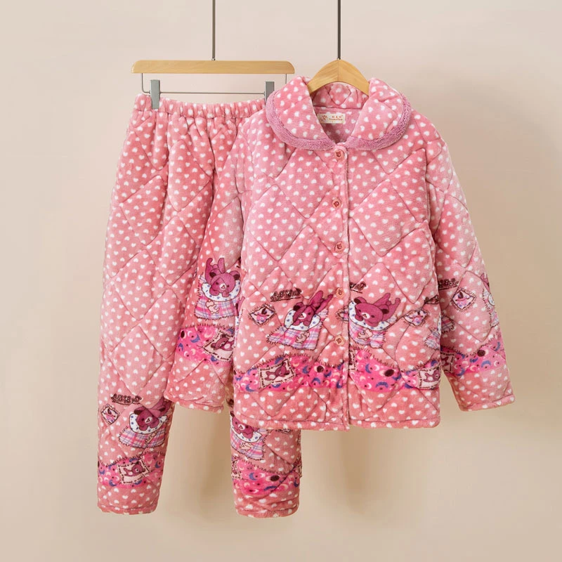 睡衣女冬季夹棉法兰绒加厚加绒三层保暖珊瑚绒睡衣家居服套装超厚