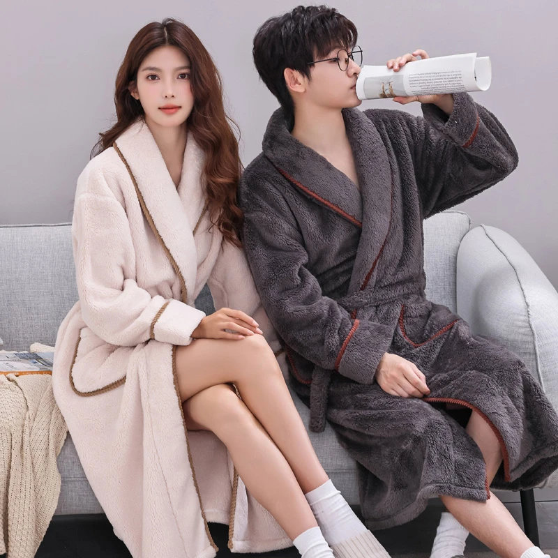 睡袍秋冬季珊瑚绒加厚睡衣男法兰绒保暖浴袍女长款晨袍家居服大码
