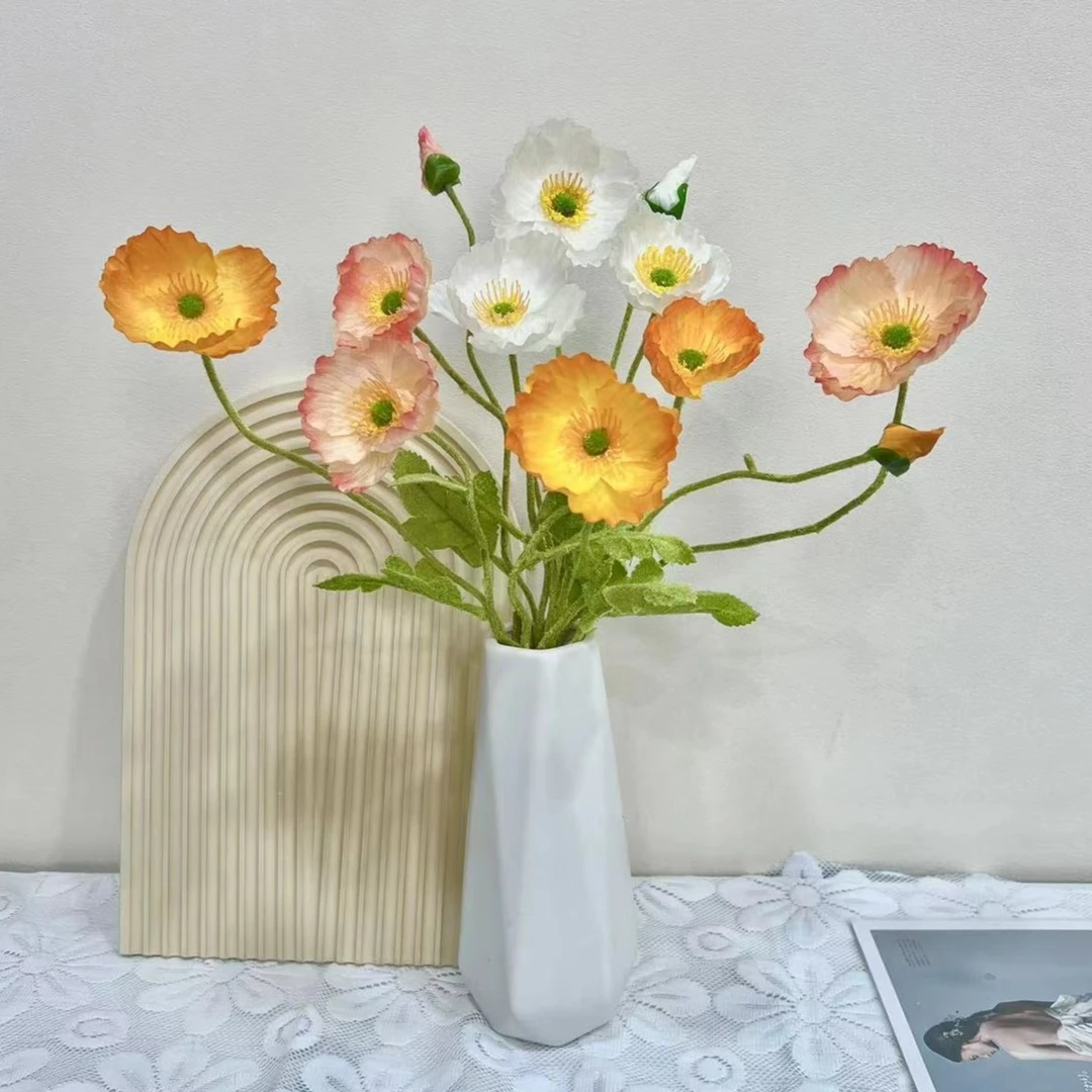 冰岛虞美人仿真花假花花束ins家居客厅摆件手工植绒装饰品
