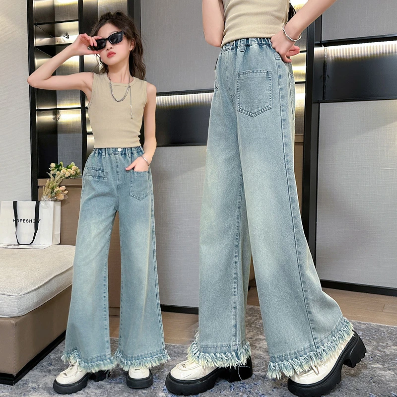 女童牛仔裤夏季薄款大童夏天直筒洋气阔腿裤夏装休闲宽松儿童裤子