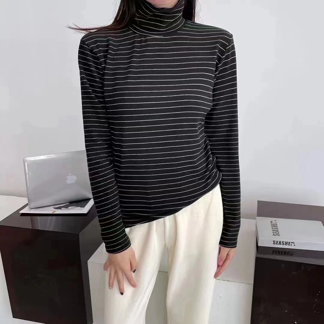 范范家【防风打底】韩系羊绒线条纹堆堆领打底衫2270