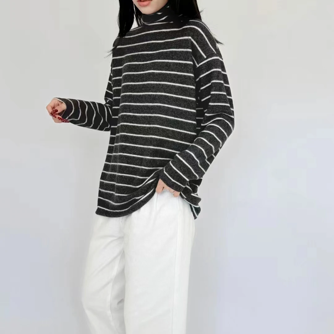 范范家【糯叽叽】复古条纹日系堆堆领长袖打底衫4886