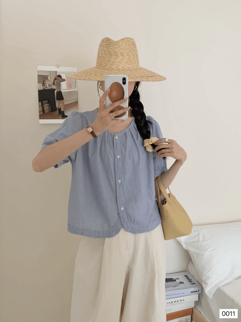 范范家  夏季法式甜美短款蓝色条纹衬衫短袖0011