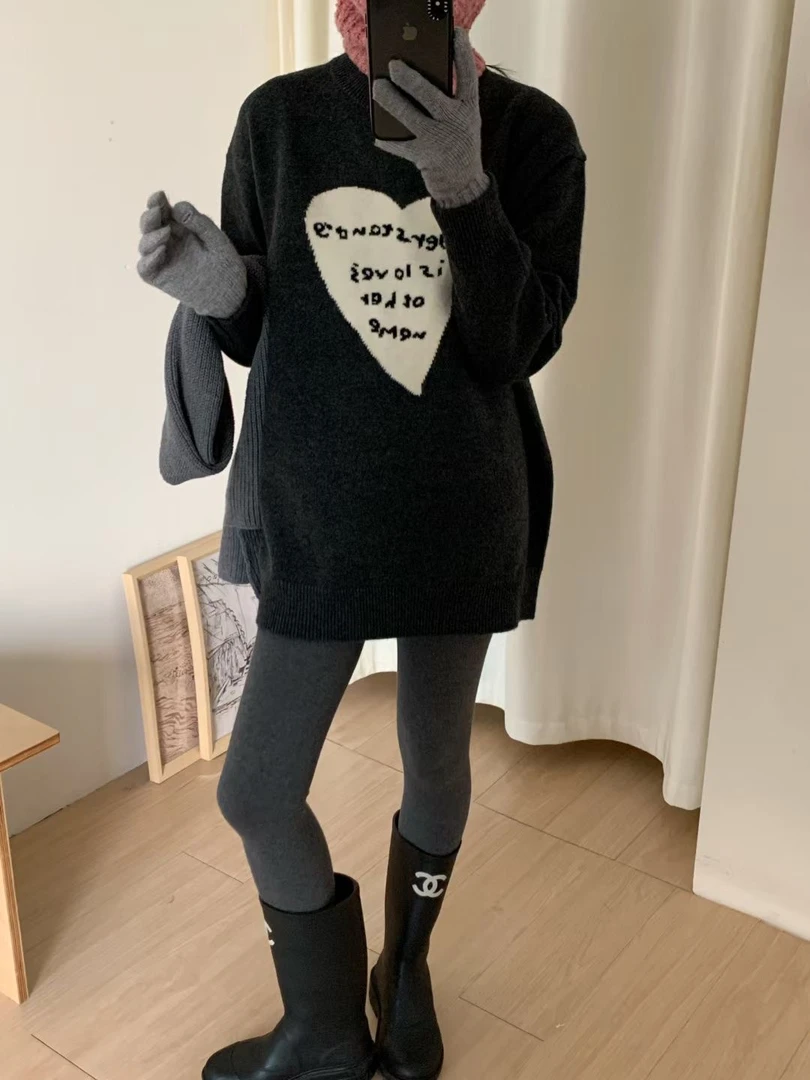 范范家  韩系软糯爱心提花长款减龄套头针织毛衣33017