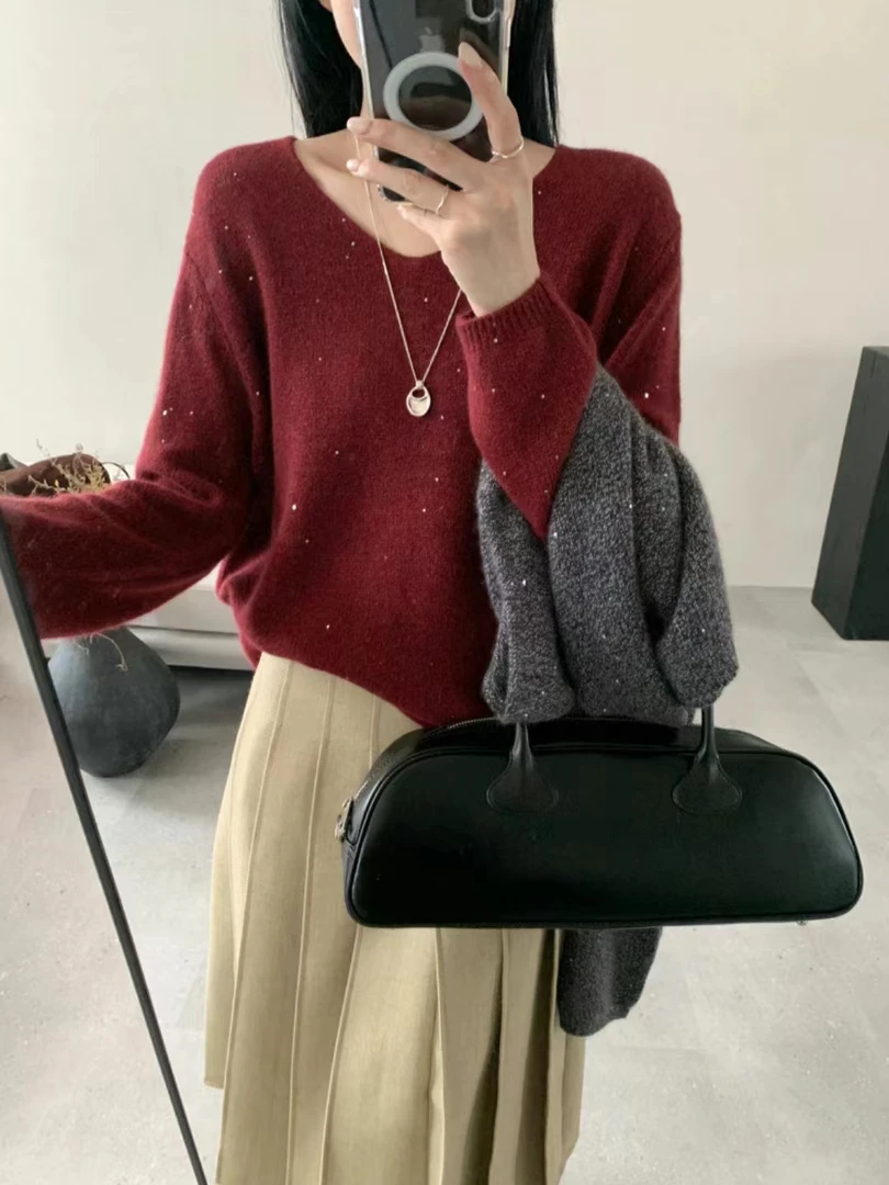 范范家【绵羊毛】高级感气质简约V领亮片毛衣56867