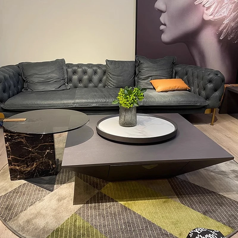 意式轻奢风北欧极简岩板方形创意茶几组合客厅家用高级感储物茶几