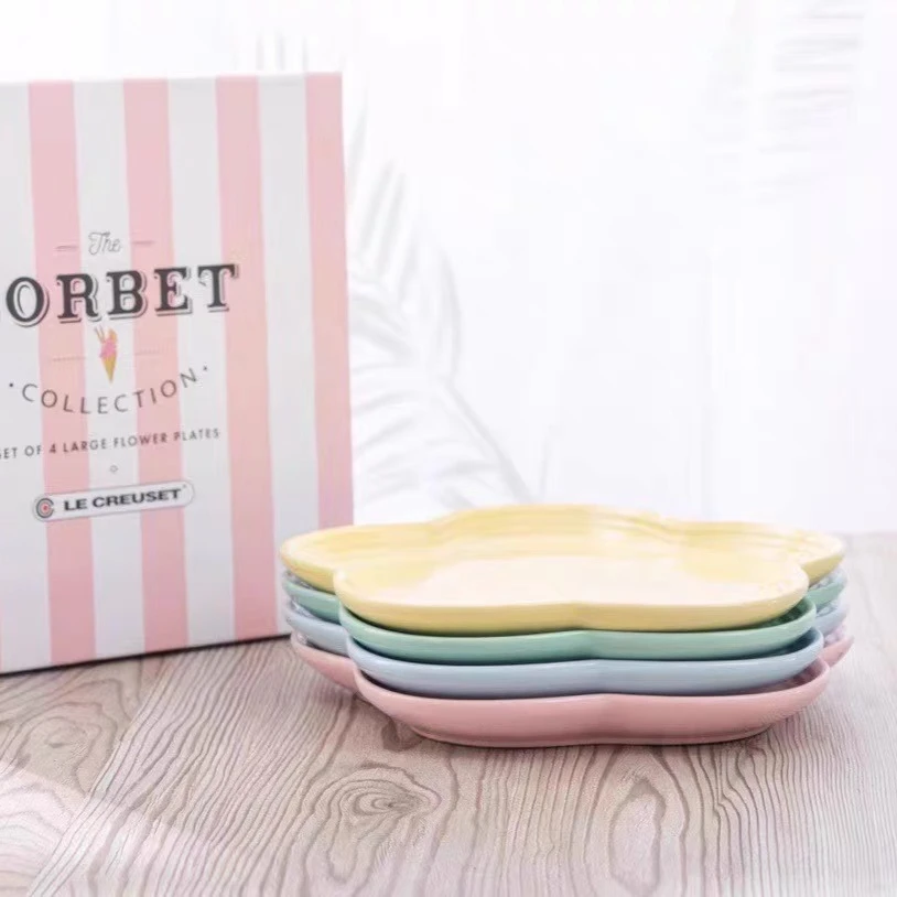 23cm 花朵盘马卡龙4色高端家具釉彩陶瓷盘盘碟点心盘小吃碟家用