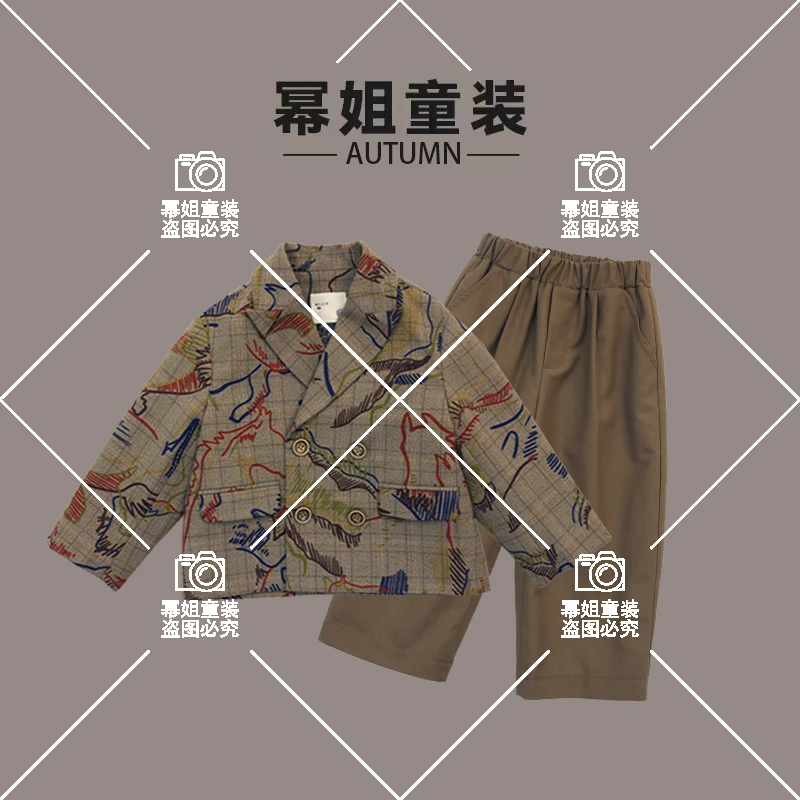 幂姐原创2024秋季儿童满印涂鸦西装外套+长裤套装3275