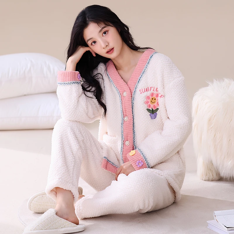 2024新款女生款可爱太阳花舒适时尚加厚加绒可外穿睡衣套装家居服