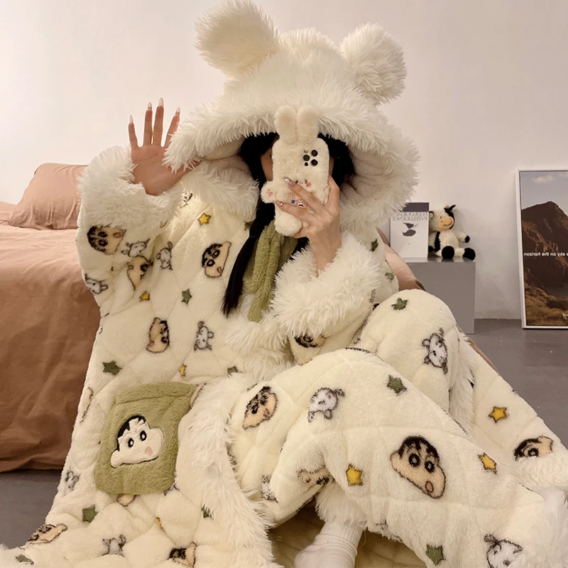 可爱女士冬天卡通加厚加绒睡衣家居服可外穿超厚三层夹棉保暖锁温