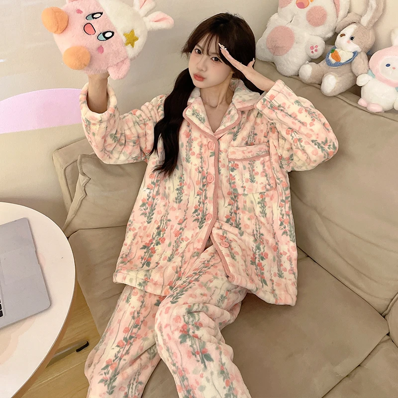 【莫奈花园】新款秋冬家居服简约长袖舒适保暖睡衣可外穿女碎花套装