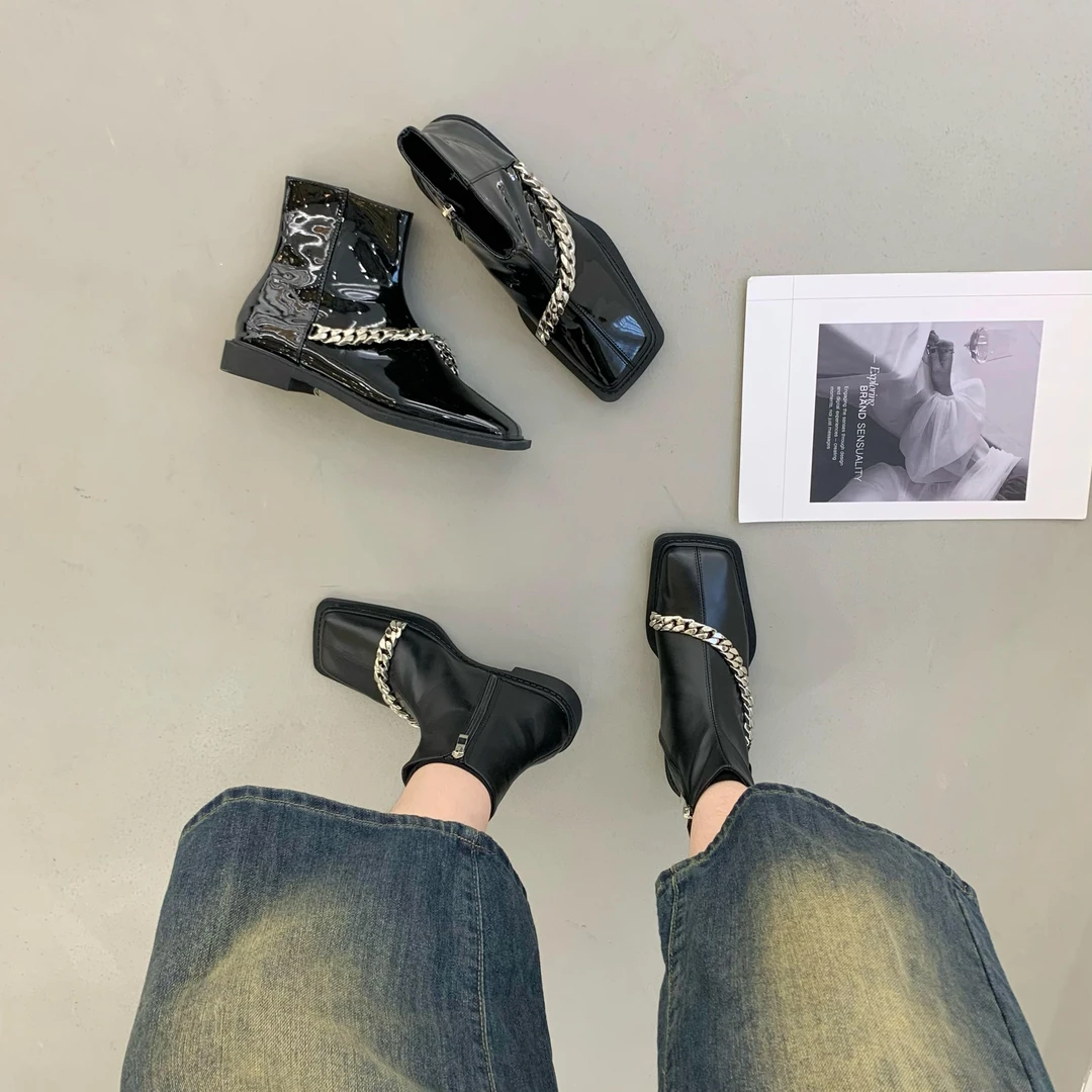 复古时尚秋季方头英伦风切尔西短靴粗跟平跟显瘦显高女鞋子瘦瘦靴