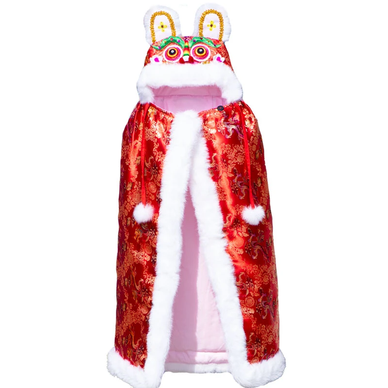 手工兔毛婴儿虎头披风满月百天生日棉花斗篷秋冬宝宝包被红包巾