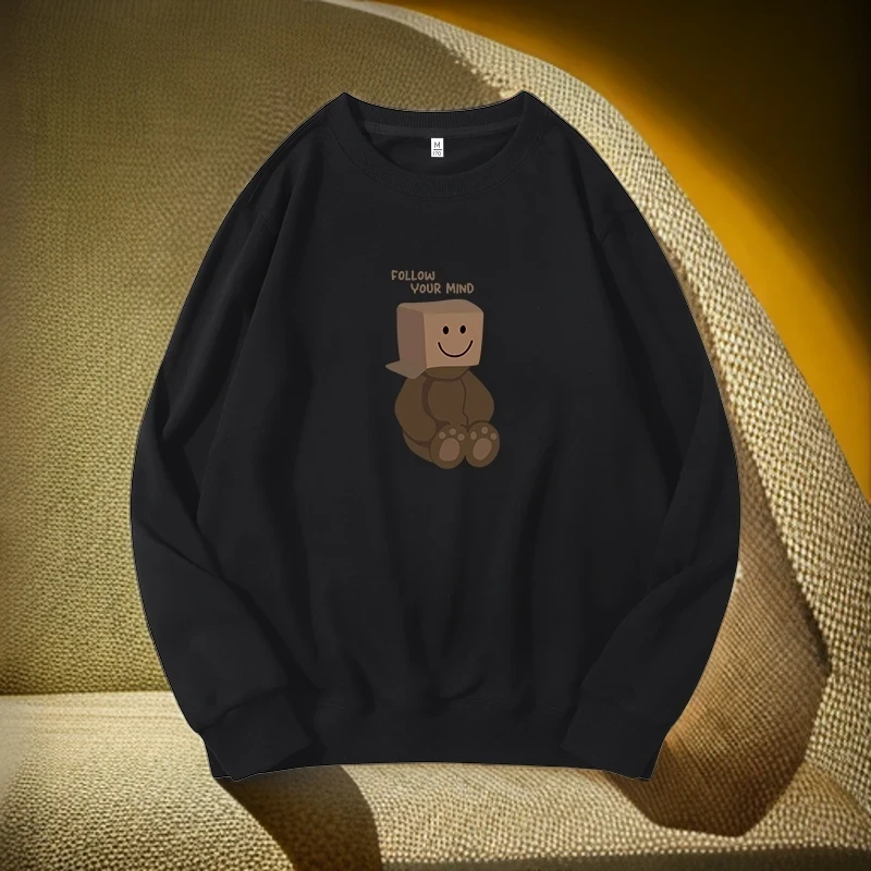 仓石一树潮牌加绒套头熊卫衣男士圆领秋冬季加厚复古宽松百搭上衣