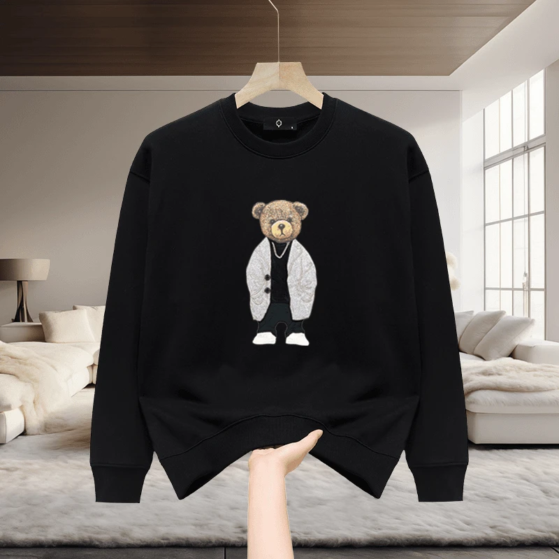 仓石一树男春秋冬时尚商务小熊印花宽松休闲长袖圆领卫衣加绒上衣