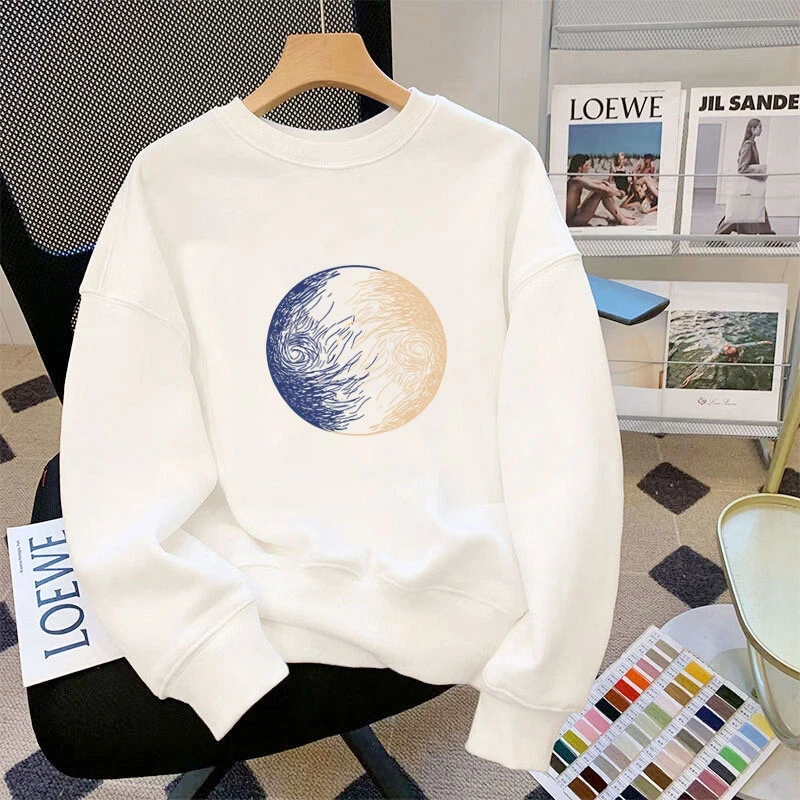 仓石一树潮牌月球印花圆领卫衣男士秋冬季新款纯棉宽松加绒上衣男