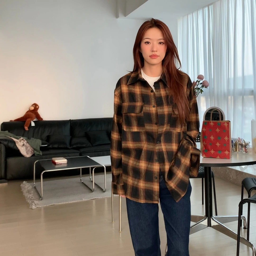 【部分现】复古纯棉黑棕色格子衬衫女2023新款百搭宽松衬衣外套7759