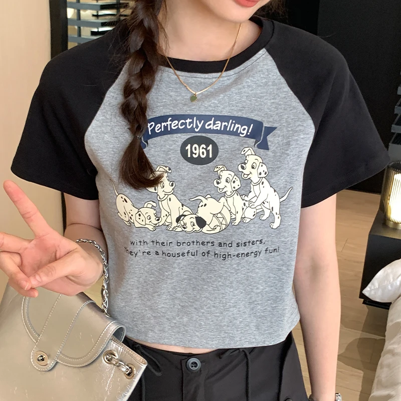 HHYB Hello【年中QC】8646 印花拼接短款t恤女时尚百搭显瘦短袖上衣