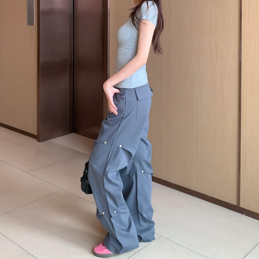 HHYB Hello【Q】Q887 复古百搭低腰工装长裤女直筒阔腿休闲裤