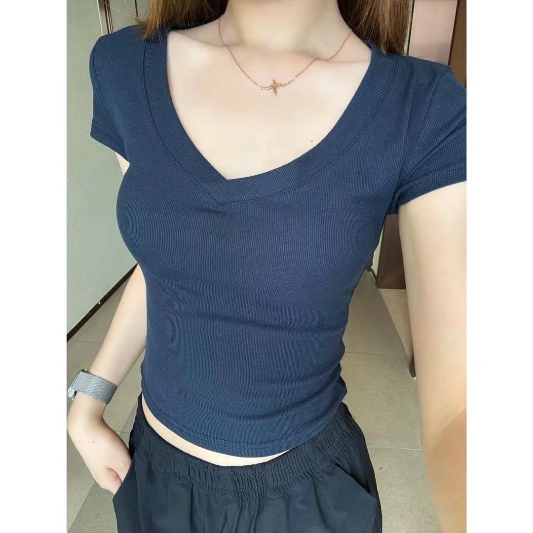 HHYB Hello时尚V领修身短袖女2024春夏新款百搭显瘦休闲上衣8907