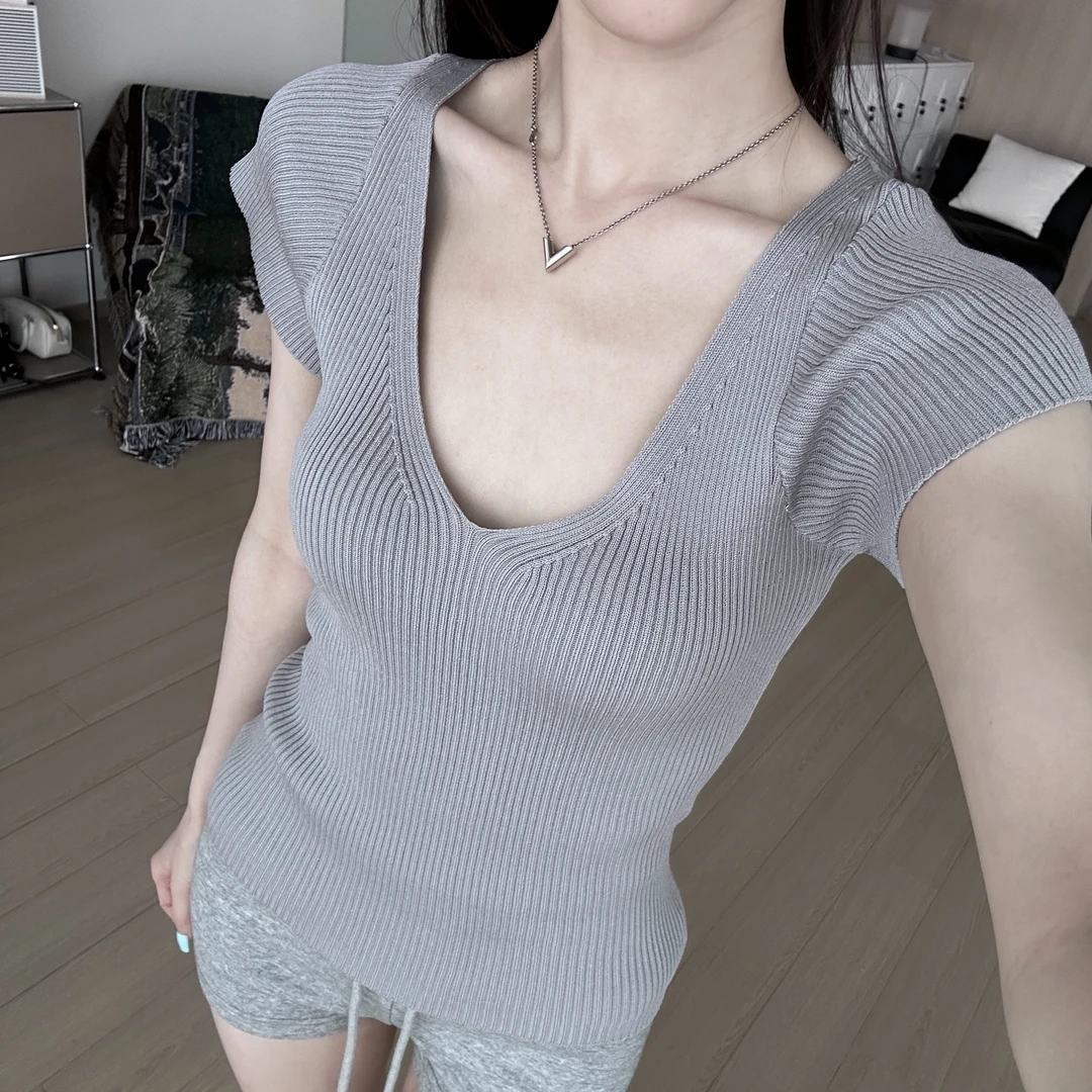 HHYB Hello小飞袖短袖针织上衣夏季百搭韩版短袖设计感上衣M448