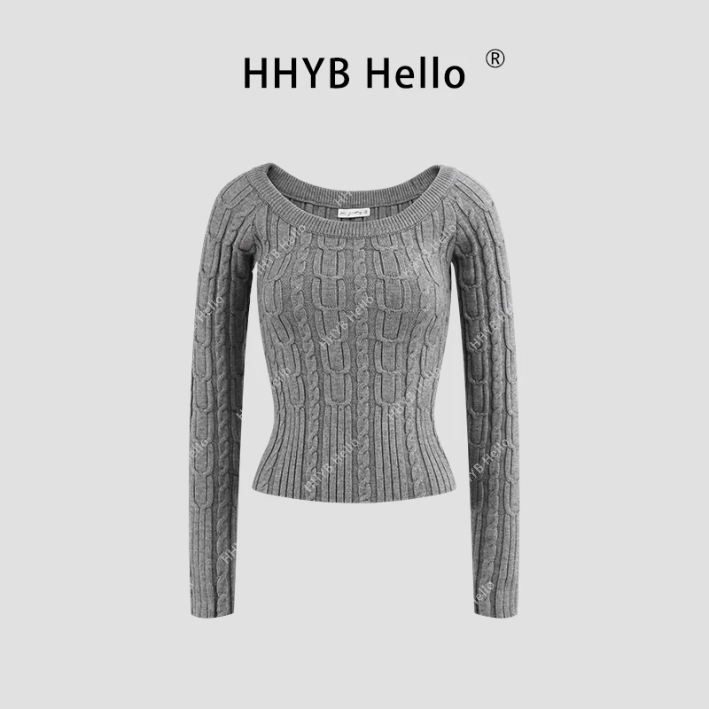 HHYB Hello圆领麻花长袖针织衫露肩上衣女新款慵懒设计感上衣M950