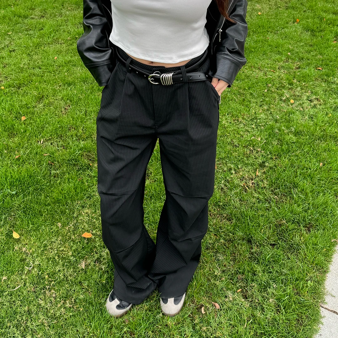 【1.9专场】H50003百搭休闲感多褶皱纹西装长裤女垂感时尚宽松长裤