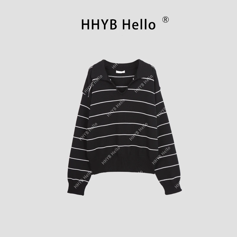HHYB Hello休闲百搭POLO领细条纹长袖针织衫宽松显瘦针织上衣M743