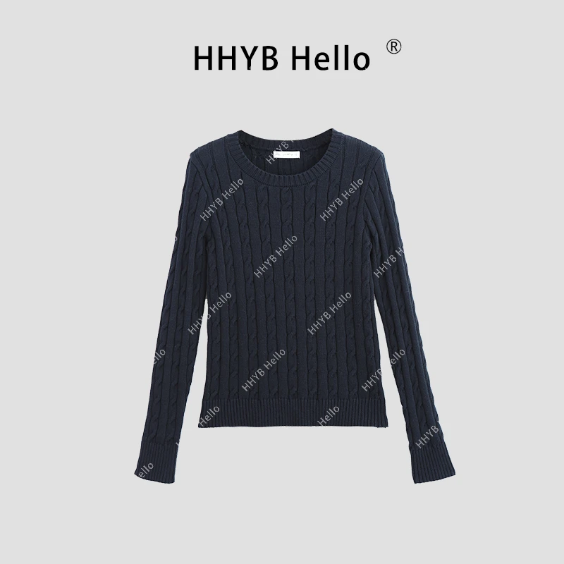HHYB Hello2024新款圆领学院风纯色麻花肌理正肩针织衫上衣M557