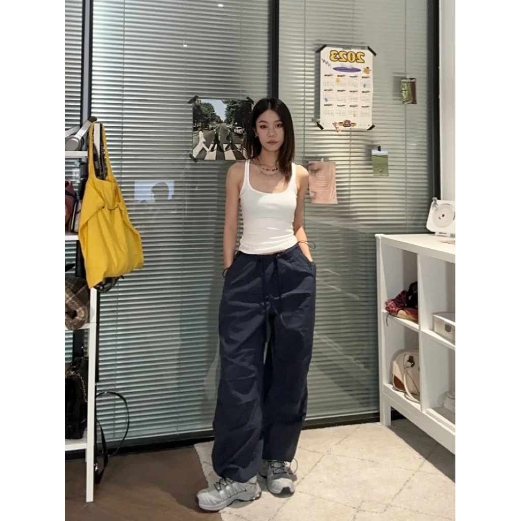 【部分现】美式街头抽绳工装裤薄款伞兵裤阔腿宽松显瘦长裤女775