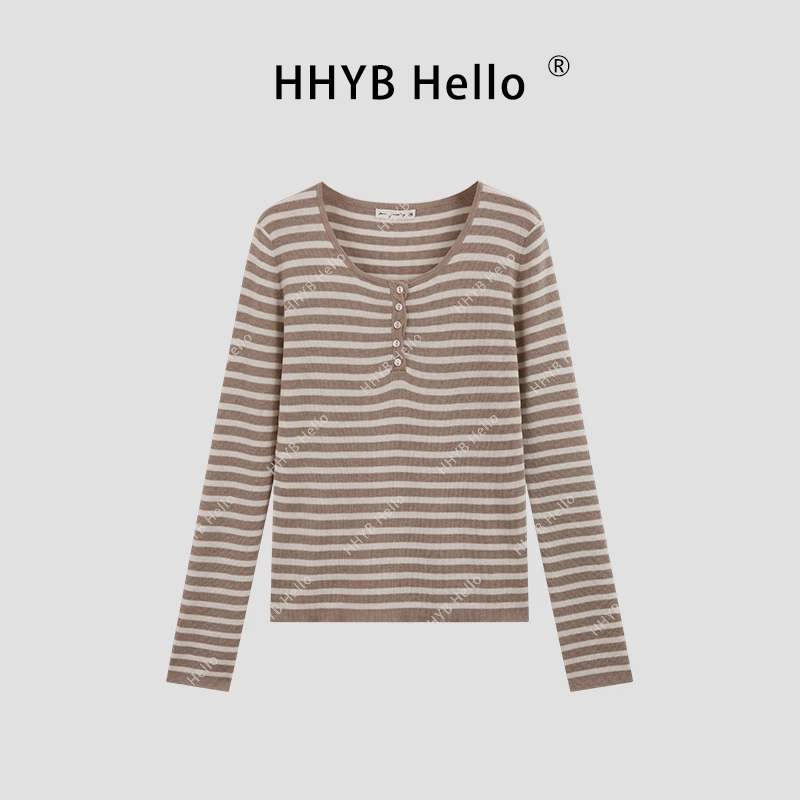 HHYB Hello条纹v领长袖半开领针织衫女2024秋冬新款百搭上衣M773