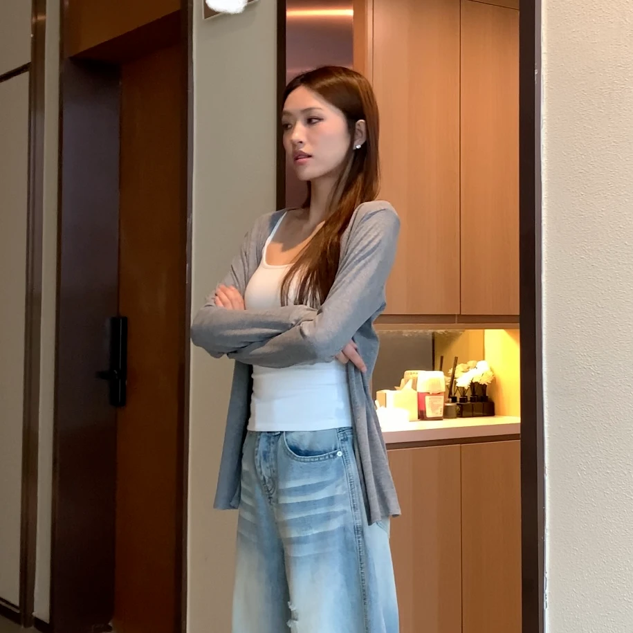 HHYB Hello灰色长袖开衫防晒衫女2024新款百搭韩版简约上衣240030