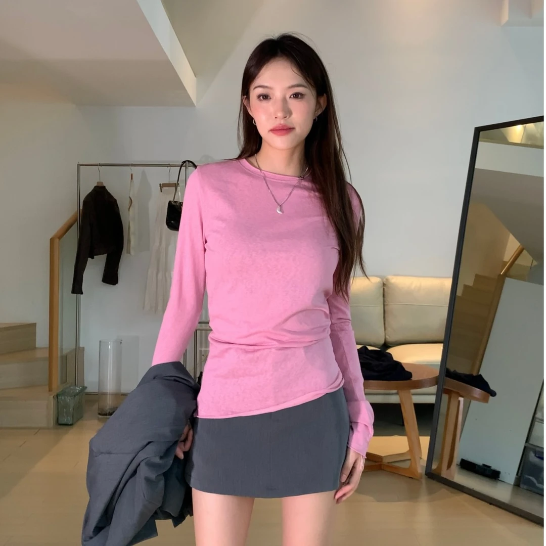 【Y】圆领修身百搭设计感纯色女长袖紧身韩版T恤防晒7621内搭t恤