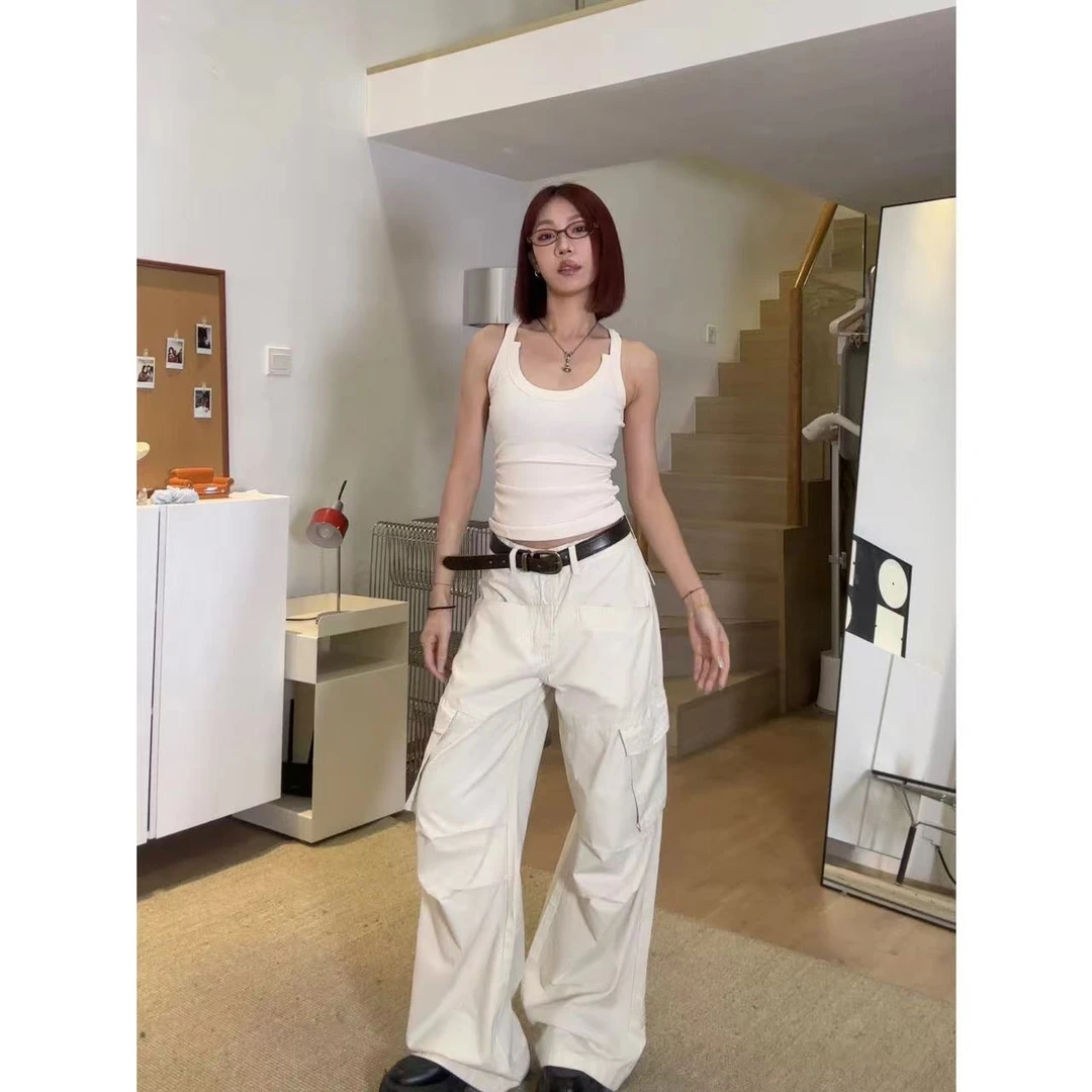【现】2024春夏新款百搭复古高腰阔腿工装休闲长裤女Q244123