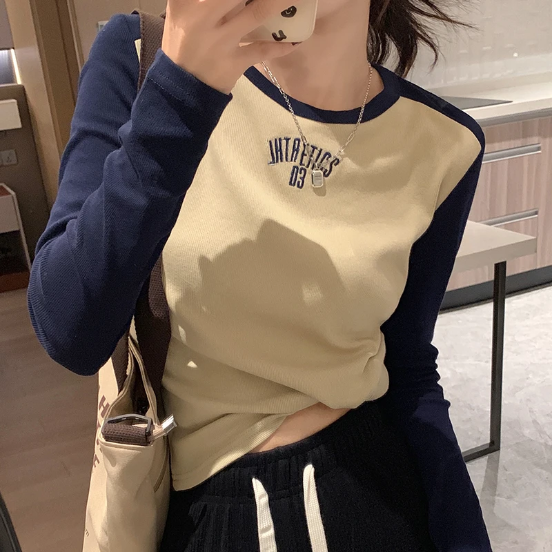 现货】烦烦刺绣字母撞色正肩短袖T恤女春美式复古插肩袖上衣纯棉