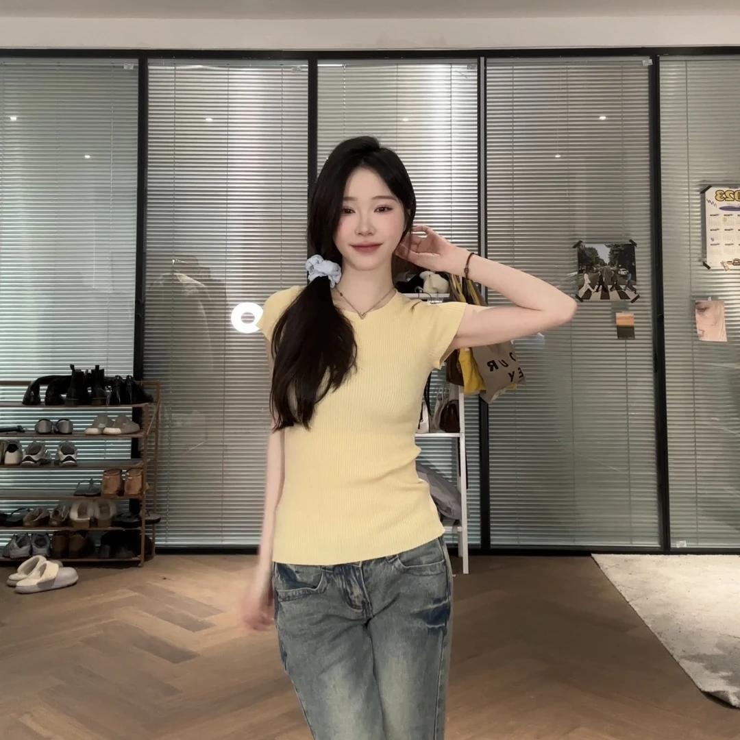 【部分现】百搭圆领纯色修身针织短袖T恤女春夏2024年新款上衣M256