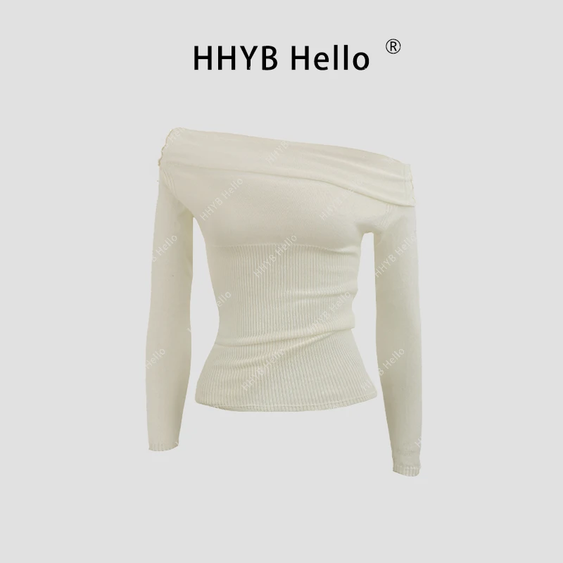 HHYB Hello纯色气质纯欲一字露肩长袖针织衫修身显瘦T恤上衣M792