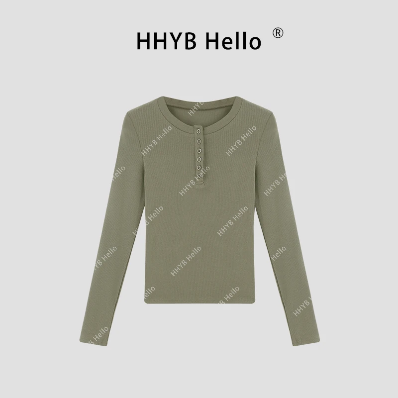 HHYB Hello半排扣螺纹打底衫女2024新款百搭长袖修身显瘦上衣7779