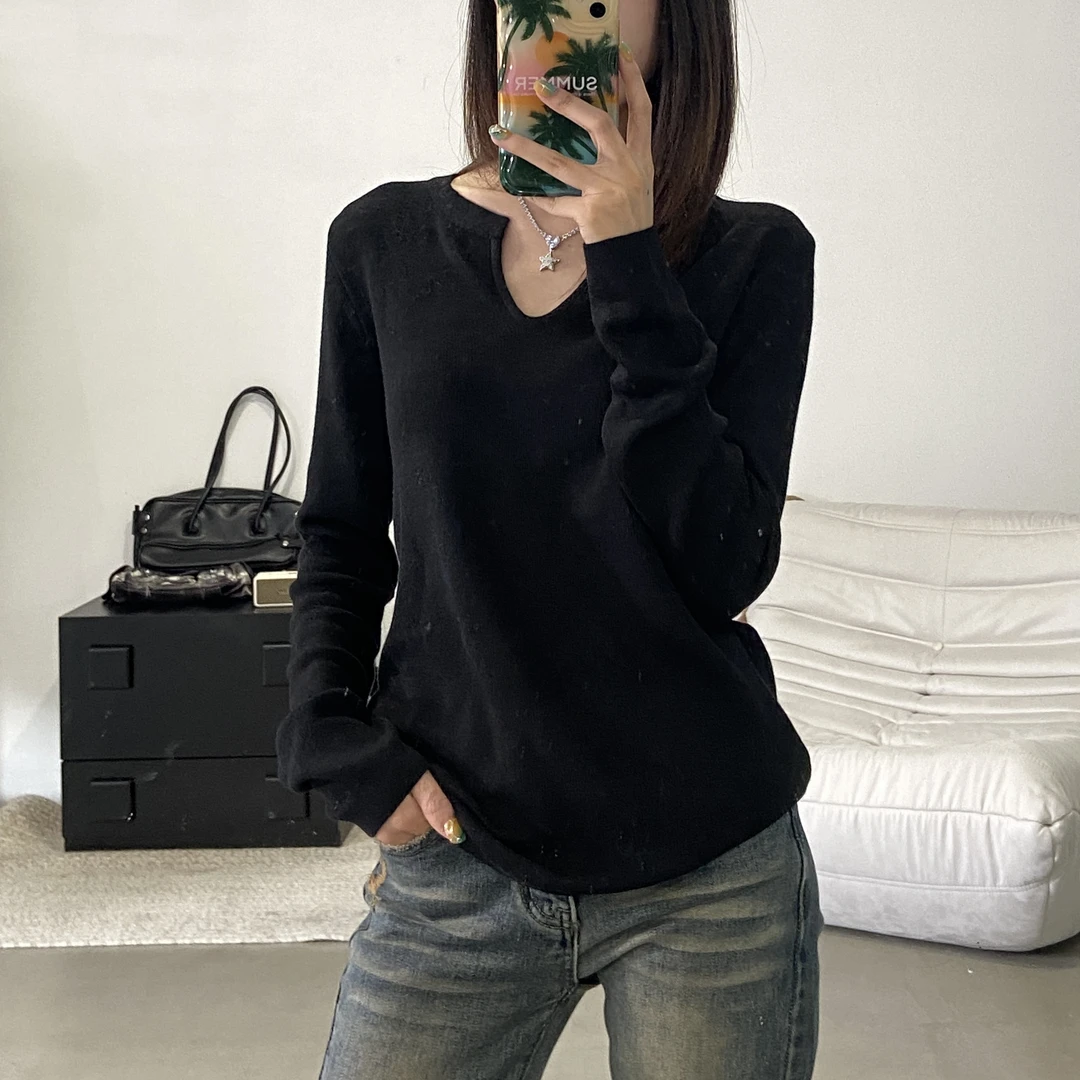 【售完不补】美式V领长袖秋冬新款时尚休闲纯色简约设计感小众7498
