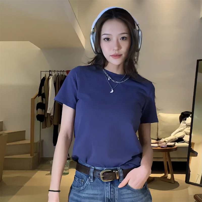 【YD】正肩inst恤女短袖休闲百搭磨毛圆领纯色打底上衣6104