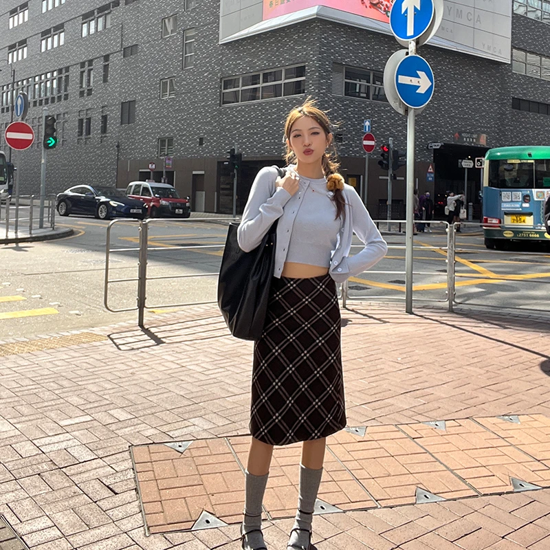 【Q】H40007复古格纹毛呢包臀裙2024新款百搭高腰半身裙女