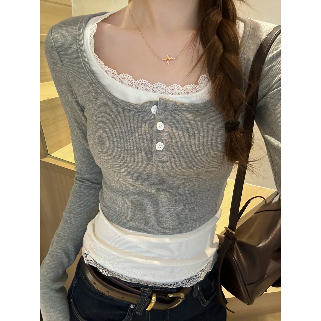 【部分现】蕾丝边假两件正肩打底衫女设计感长袖T恤修身上衣7782