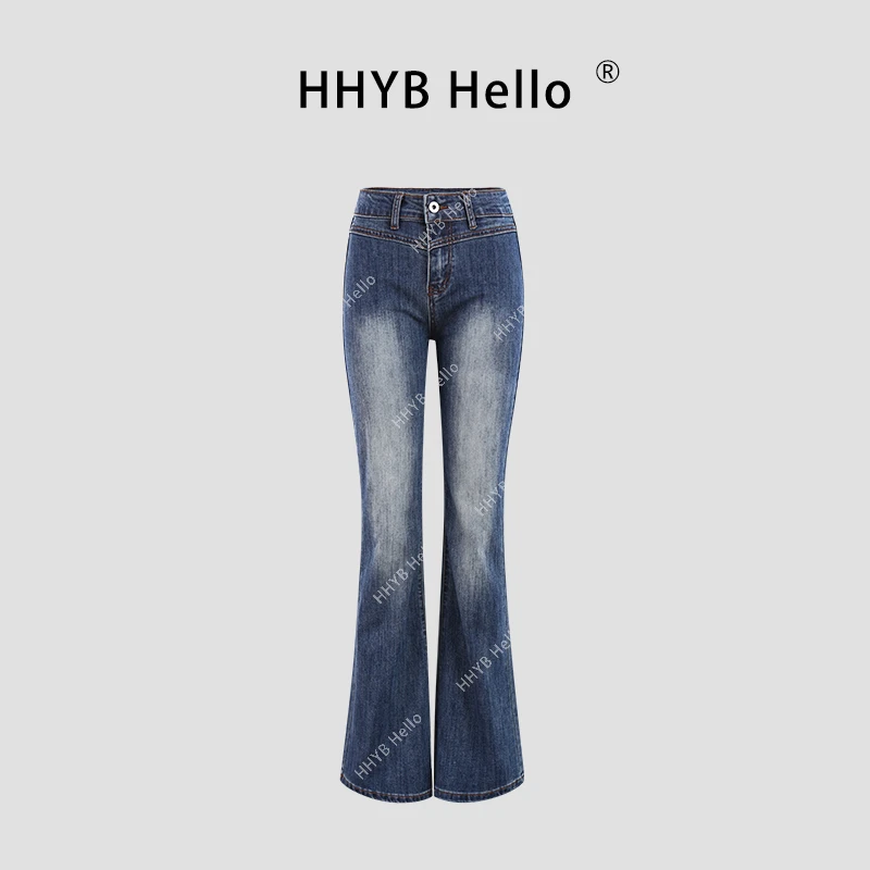HHYB Hello深海蓝中腰微喇设计拖地阔腿裤水洗长裤Q244267