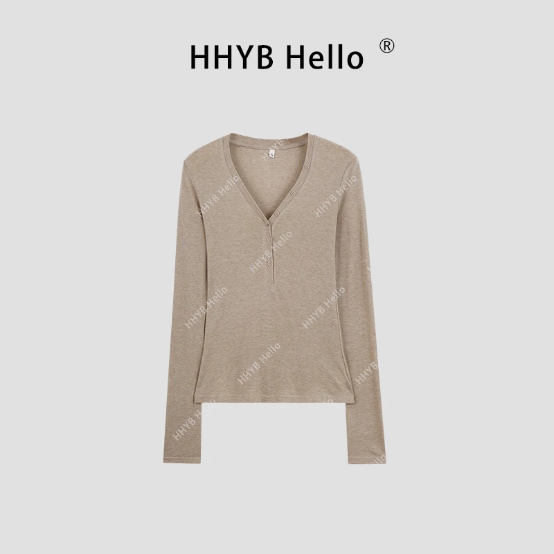 HHYB HelloV领纽扣半排扣长袖T恤2024秋季新款百搭上衣女240391