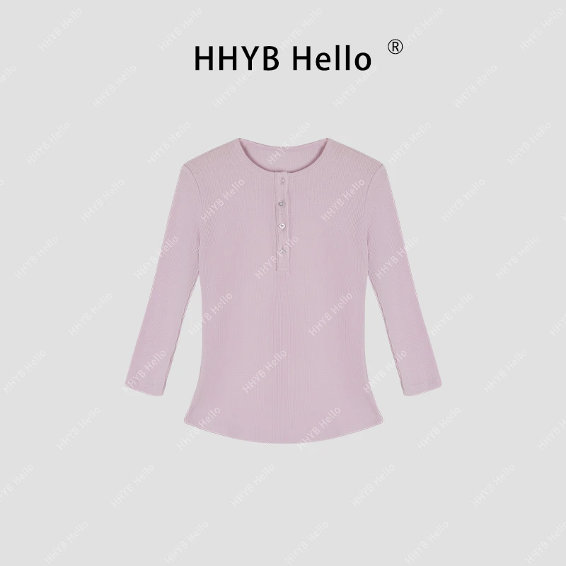 HHYB Hello复古亨利领七分袖华夫格长袖T桖2024新款上衣女240282