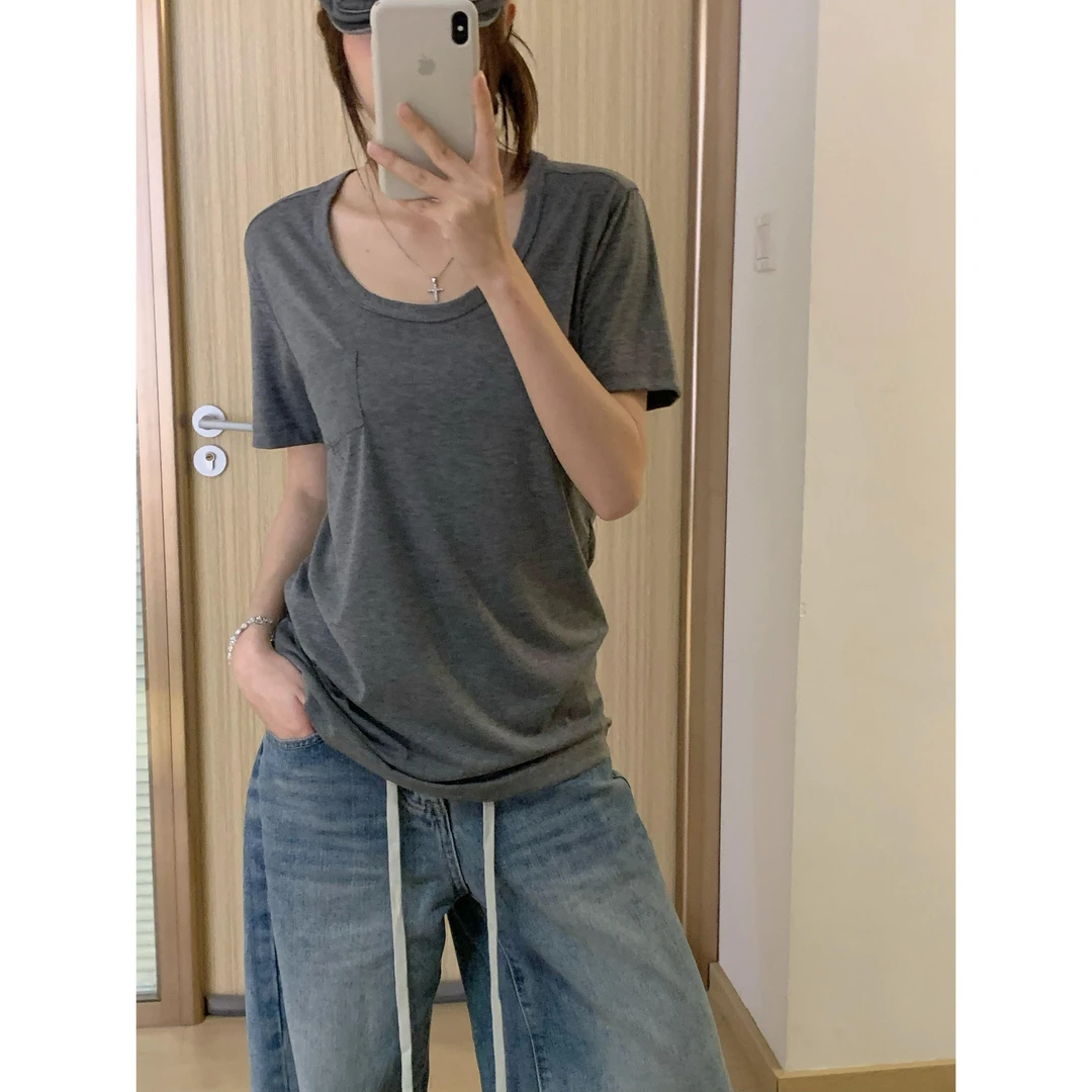 【部分现】新款基础款百搭宽松椭圆领口袋T恤上衣女 8729