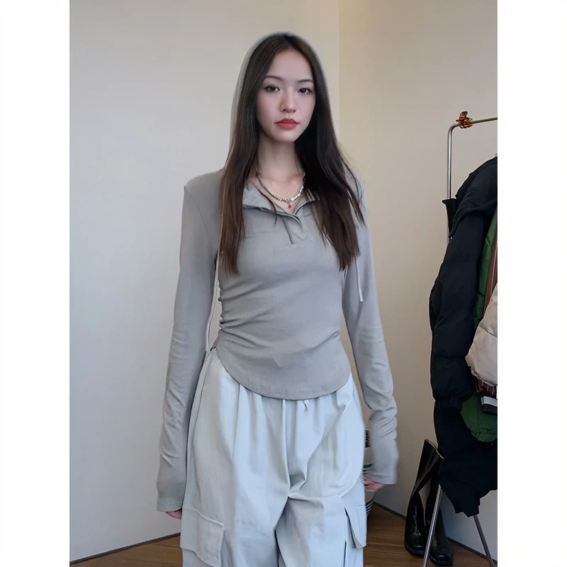 【现货48飞】HHYB连帽修身显瘦长袖春秋冬内搭T恤上衣打底辣妹 7016